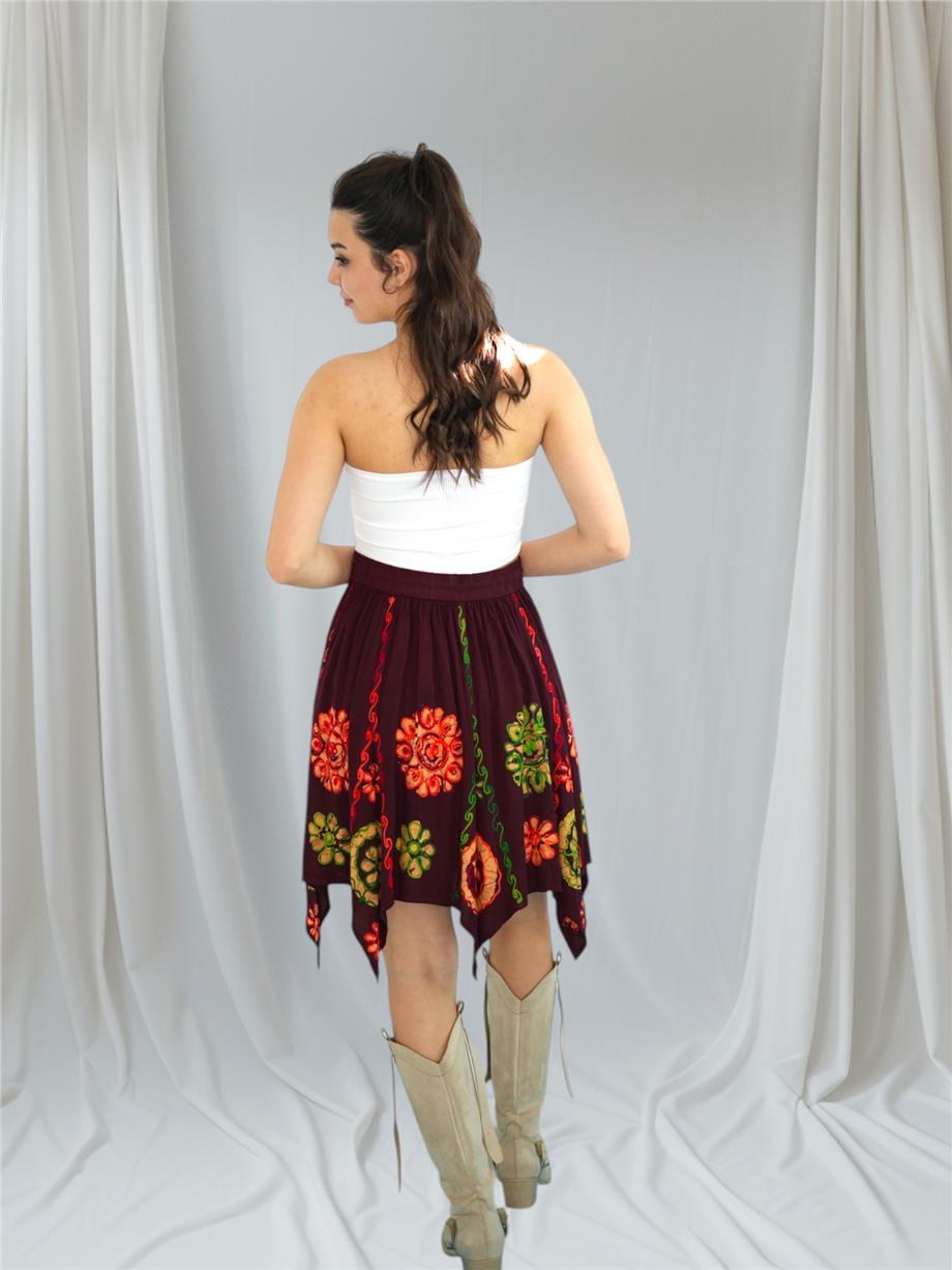 Bordo Nakışlı Papatya Desenli Hint Etek