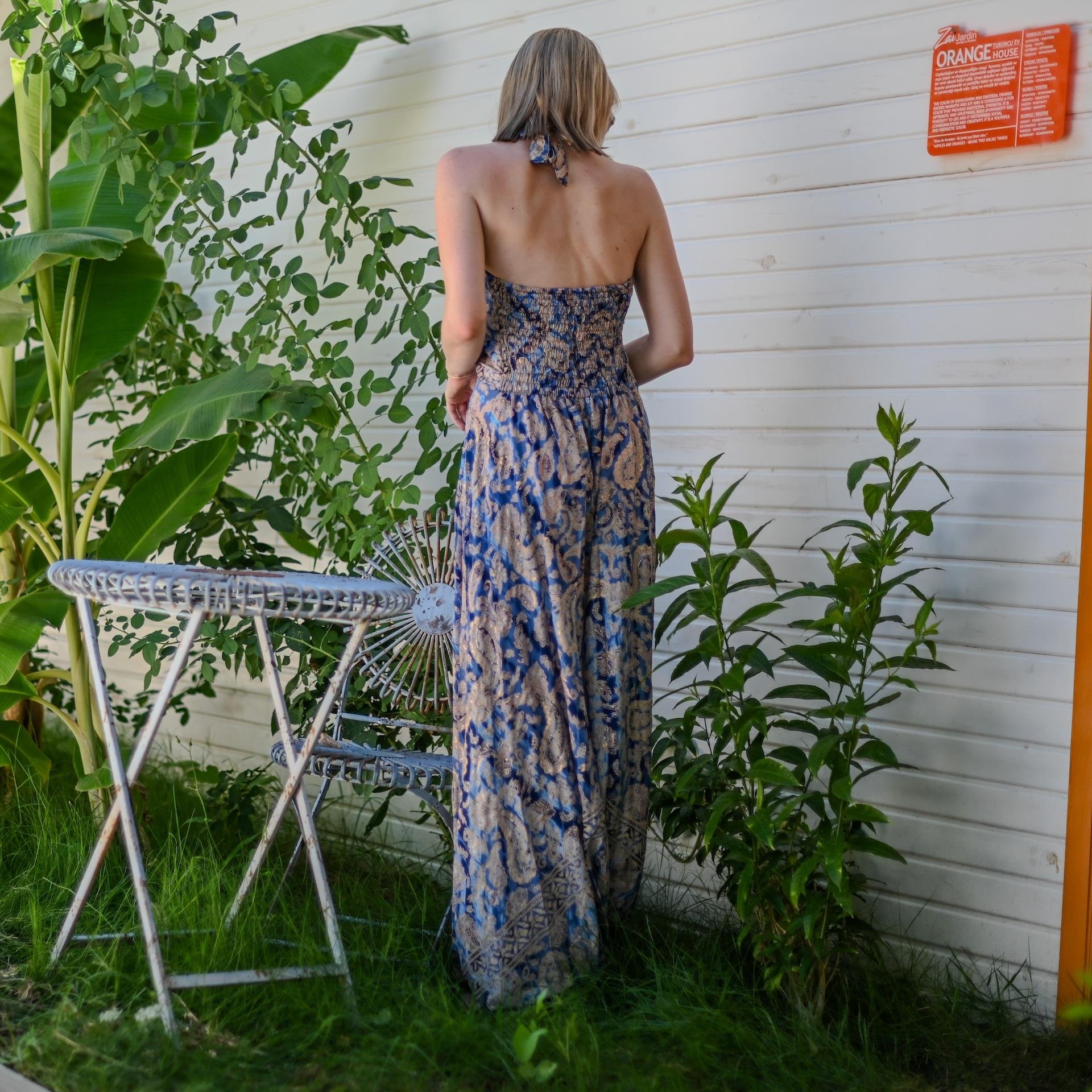 Boyundan Bağlamalı Sırtı Açık İpek Tulum