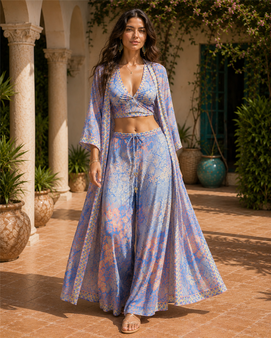 Buz Mavisi Renk Lavanta Gökyüzü İpek Pantolon Crop Kimono Üçlü Takım