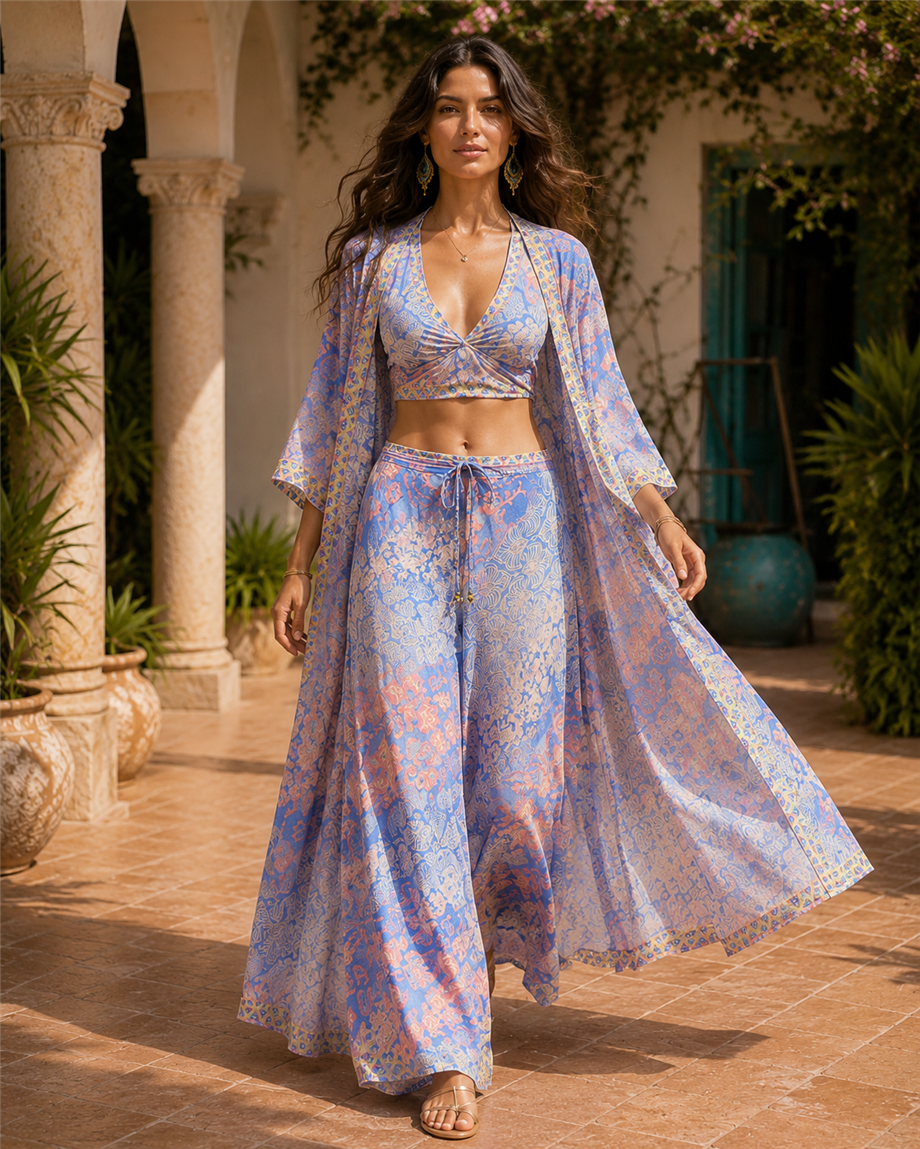 Buz Mavisi Renk Lavanta Gökyüzü İpek Pantolon Crop Kimono Üçlü Takım