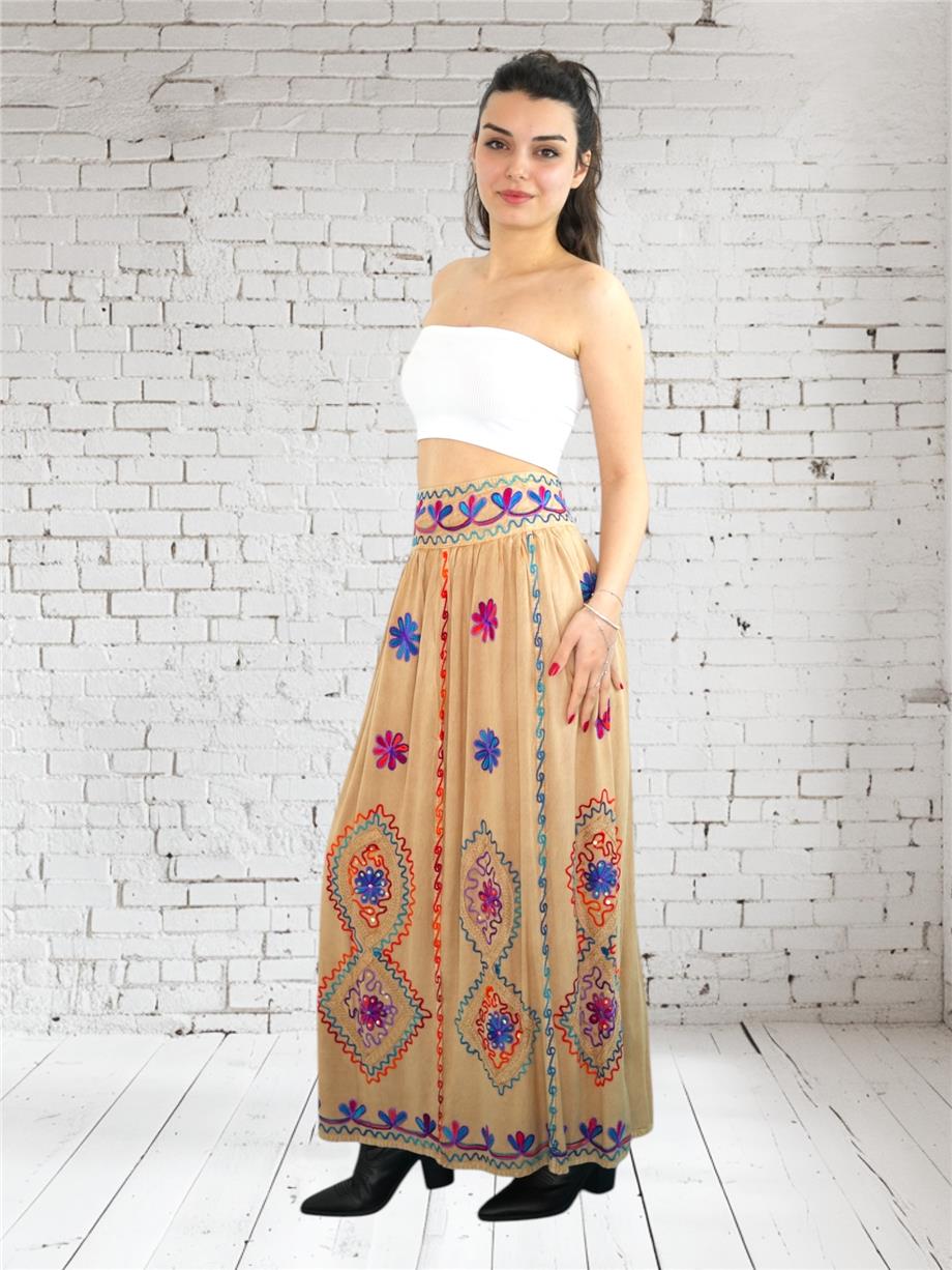 Camel İşlemeli Uzun Etek