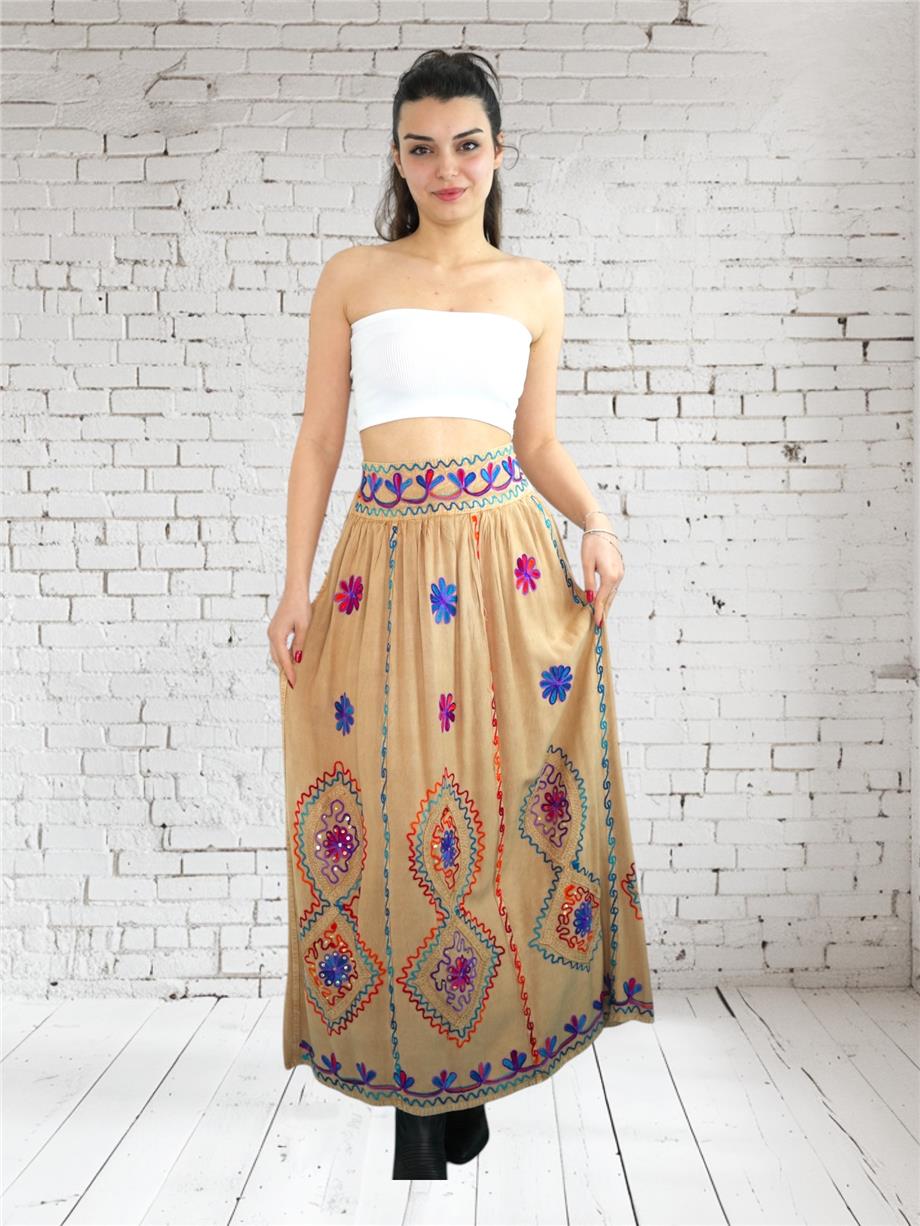 Camel İşlemeli Uzun Etek