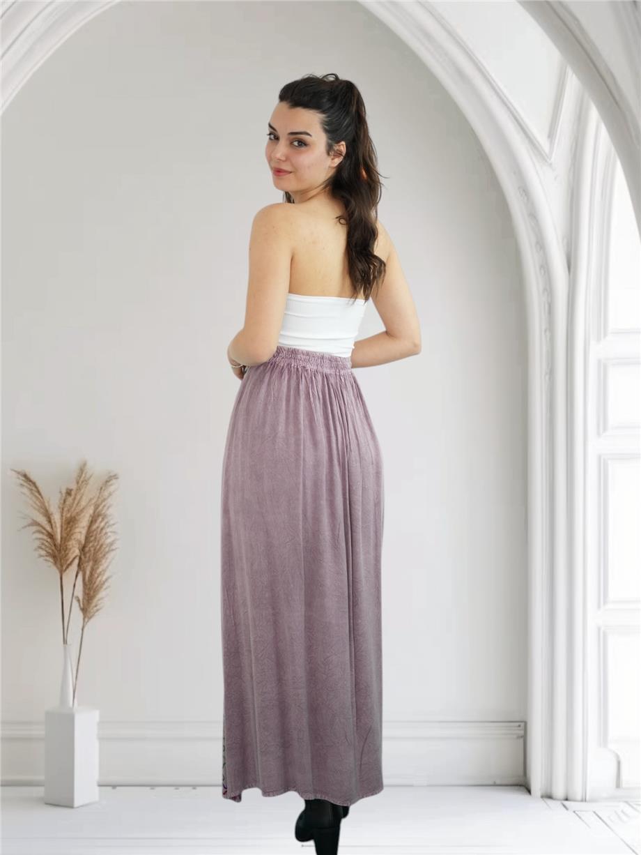 Eflatun İşlemeli Uzun Etek