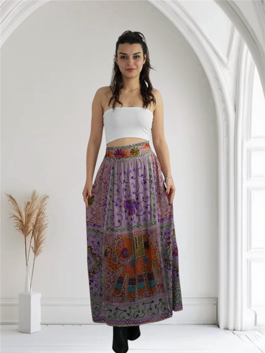 Eflatun İşlemeli Uzun Etek