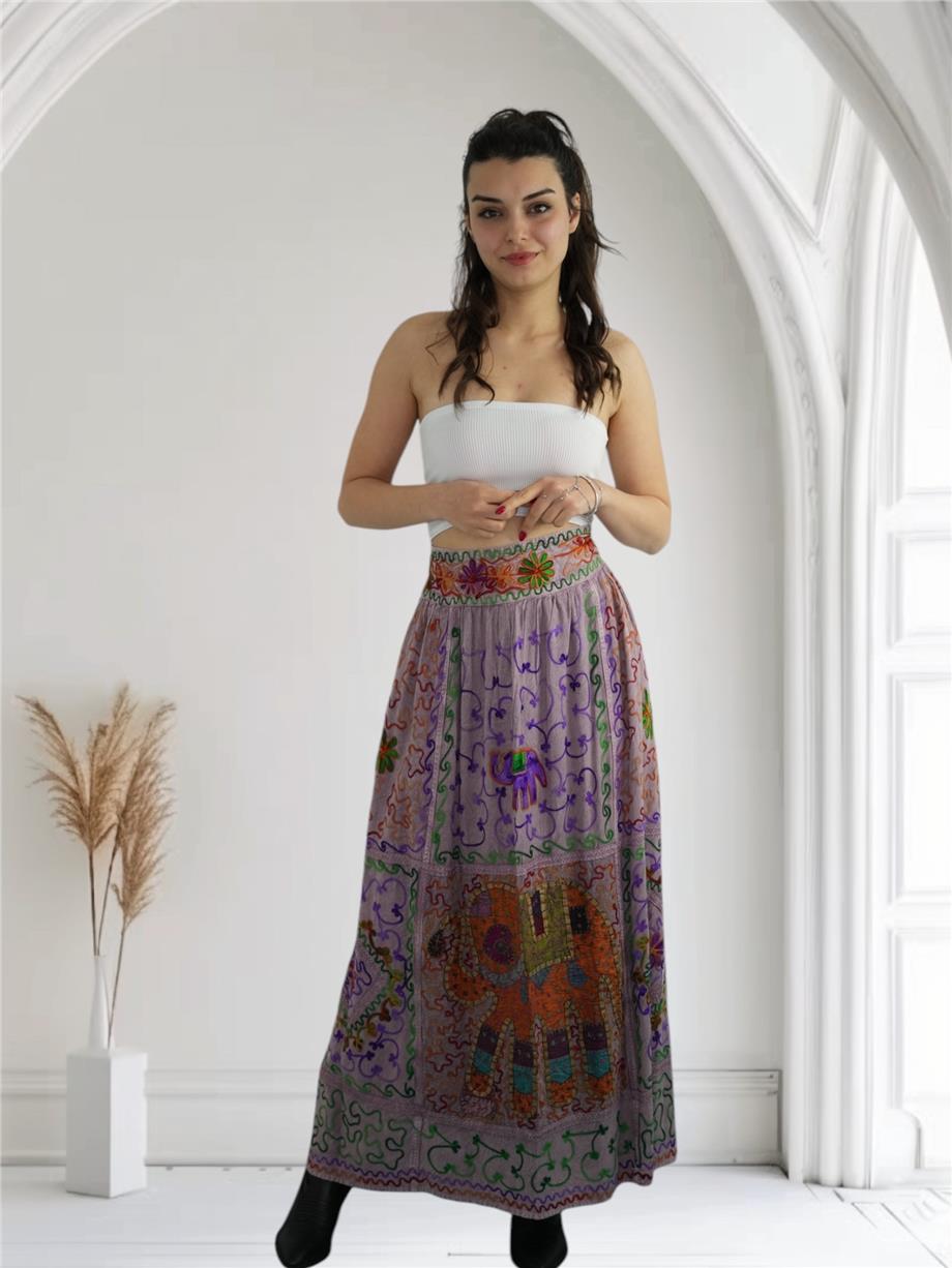 Eflatun İşlemeli Uzun Etek