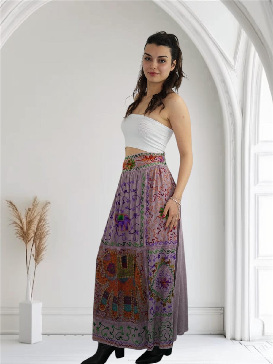 Eflatun İşlemeli Uzun Etek