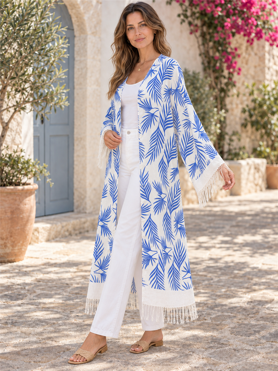 Ekru Renk Tropikal Mavi Yaprak Desenli Püsküllü Uzun Kimono