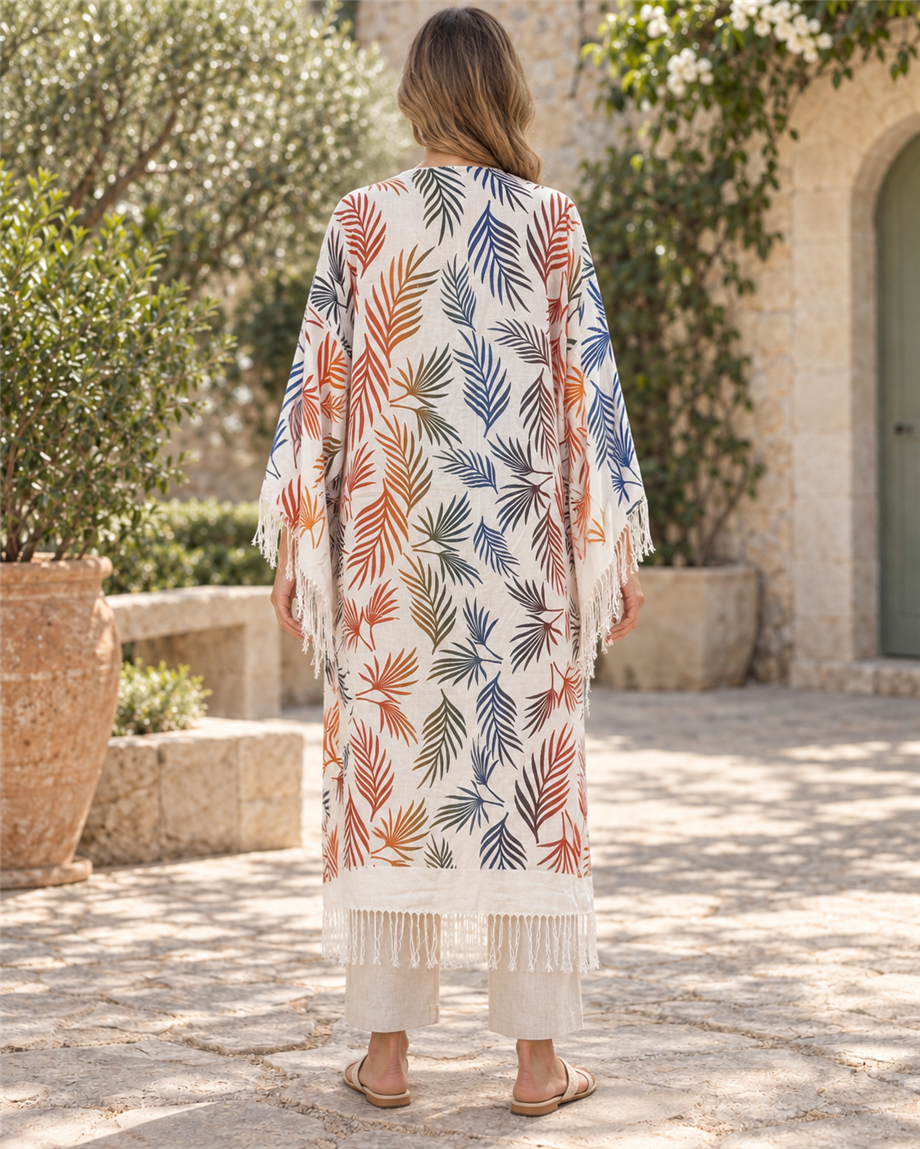 Ekru Renk Tropikal Yaprak Desenli Püsküllü Uzun Kimono