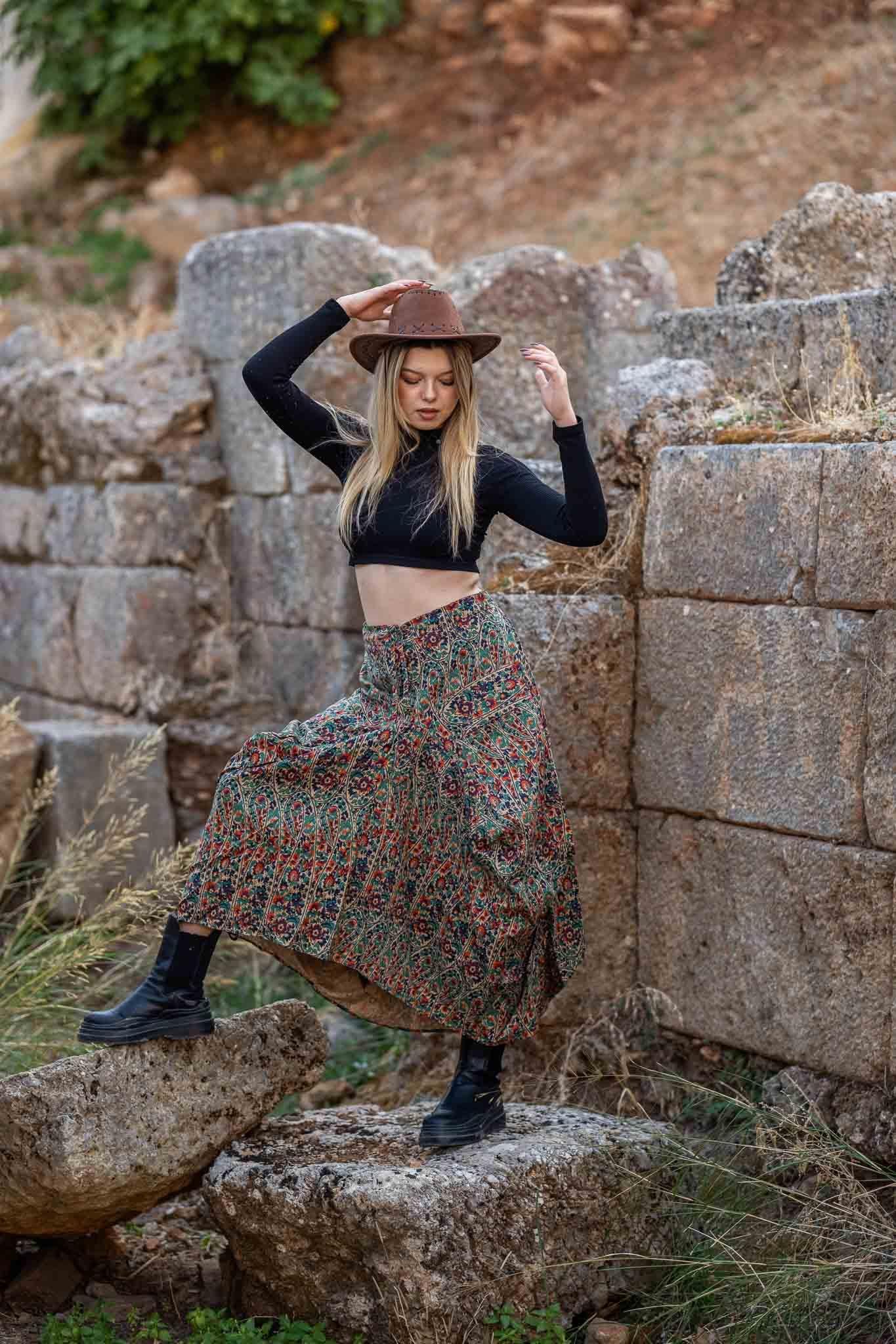 Etnik Desenli Beli Bağcıklı Cepli Bohem Etek 