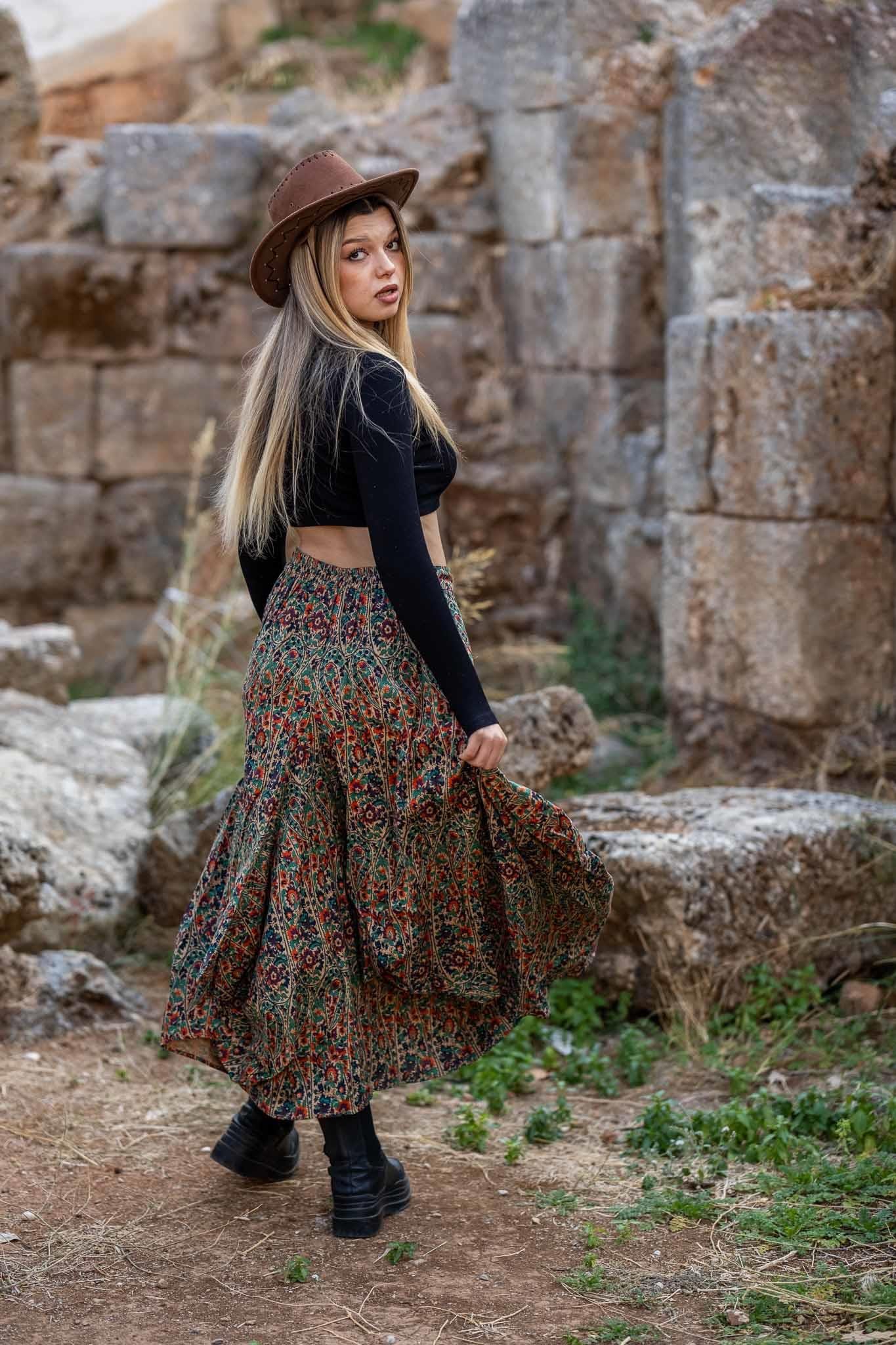 Etnik Desenli Beli Bağcıklı Cepli Bohem Etek 