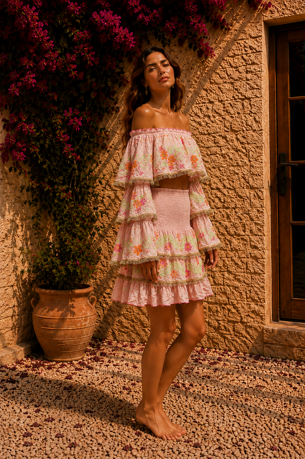 Flora Pembe Renk İşlemeli Kısa Etek Bluz Takım