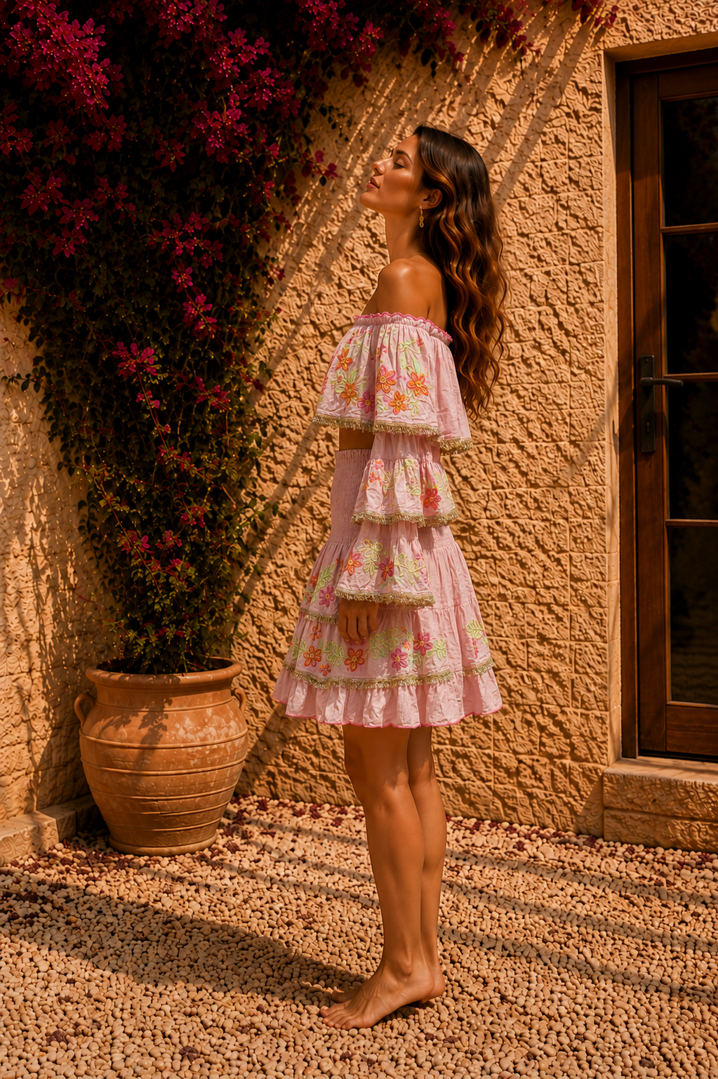 Flora Pembe Renk İşlemeli Kısa Etek Bluz Takım