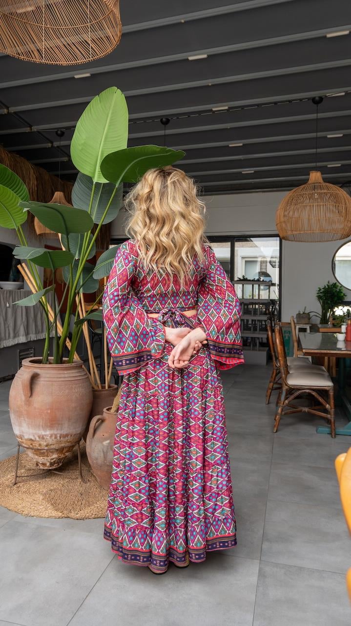 Fuşya İpek Etek Bluz Takım