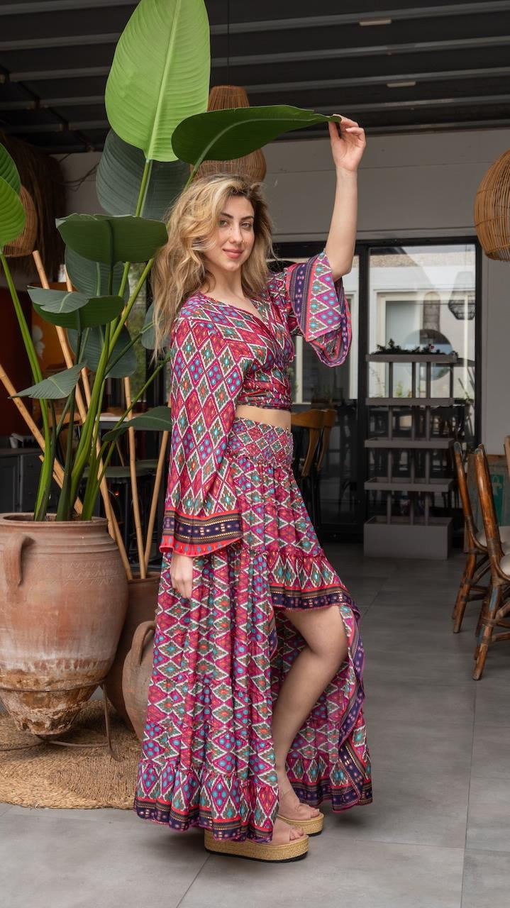 Fuşya İpek Etek Bluz Takım