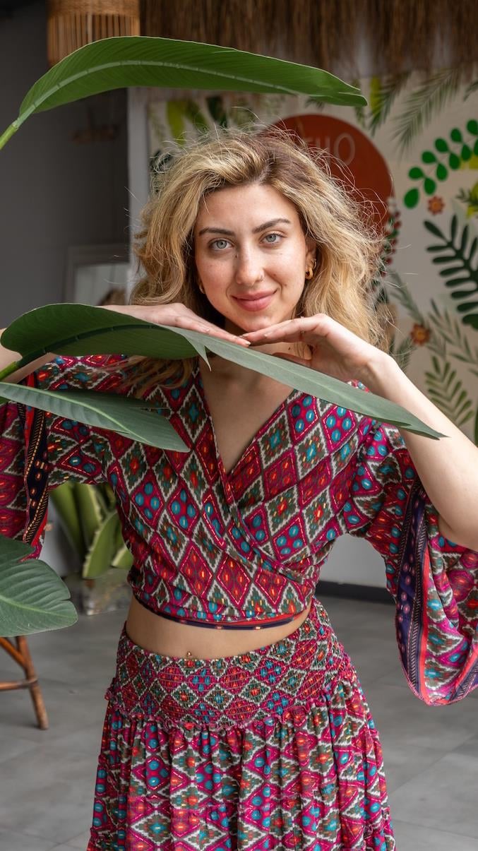 Fuşya İpek Etek Bluz Takım