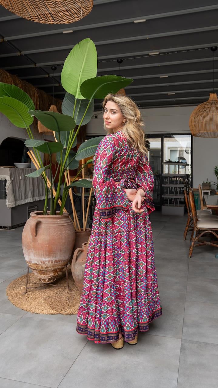 Fuşya İpek Etek Bluz Takım