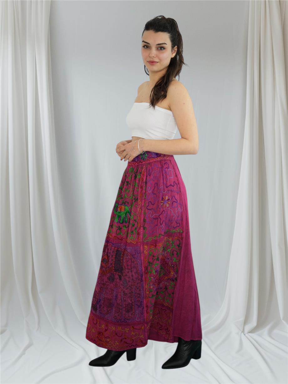 Fuşya İşlemeli Uzun Etek
