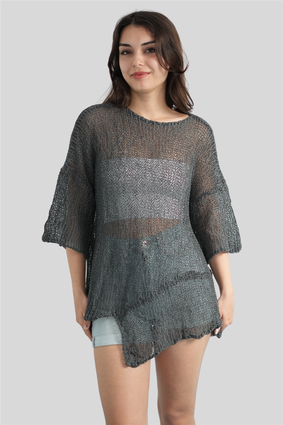 Gri Parça Detaylı Asimetrik Merserize Bluz