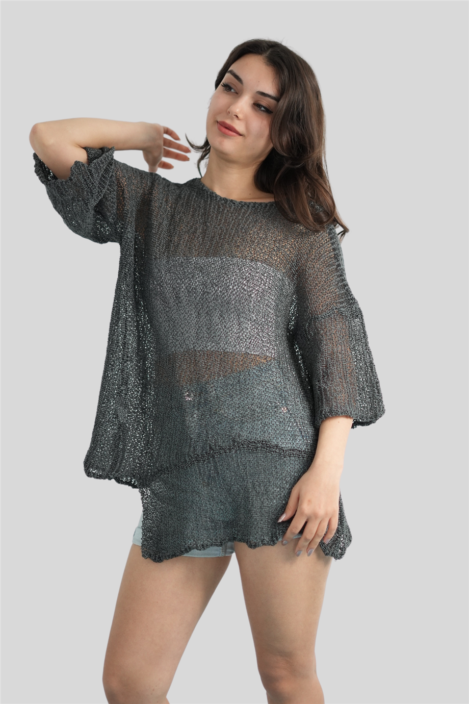 Gri Parça Detaylı Asimetrik Merserize Bluz