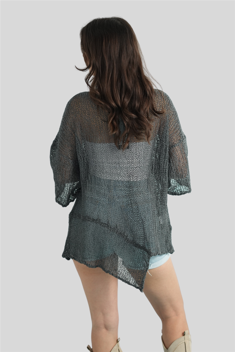 Gri Parça Detaylı Asimetrik Merserize Bluz