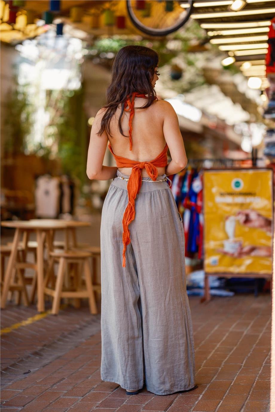 Gri Renk Kemer Detaylı Keten Pantolon