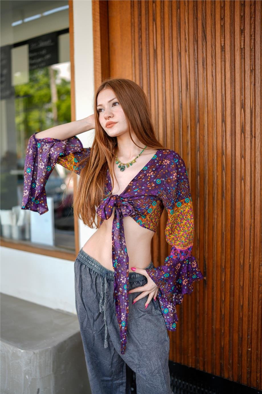 Gri Renk Vintage Nakışlı Bohem Pantolon