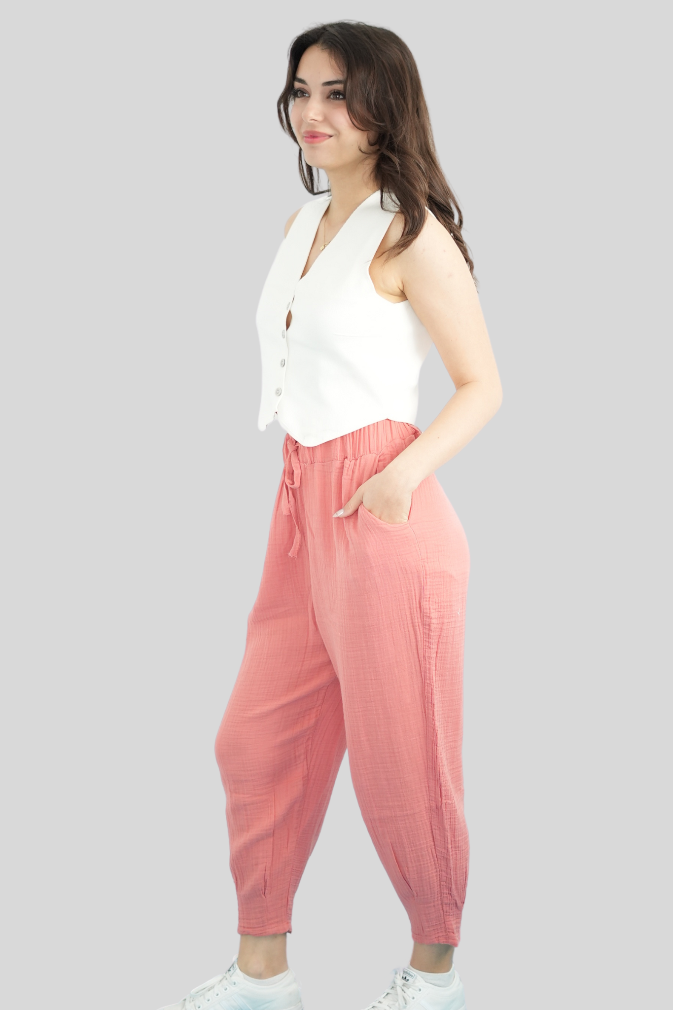 Gülkurusu Beli Lastikli Müslin Pantolon