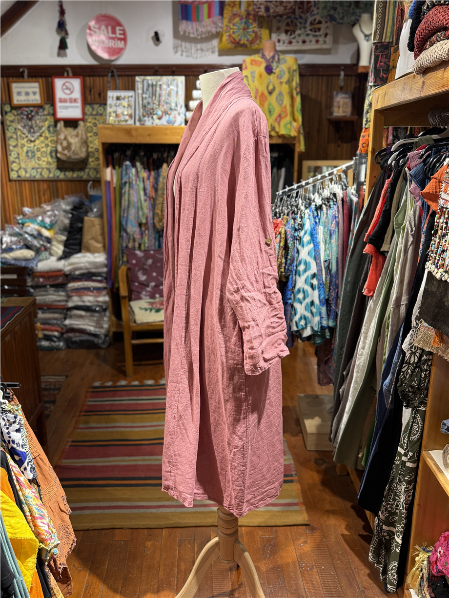 Gülkurusu Renk Bohem Sırtı Dantel Detaylı Keten Kaftan