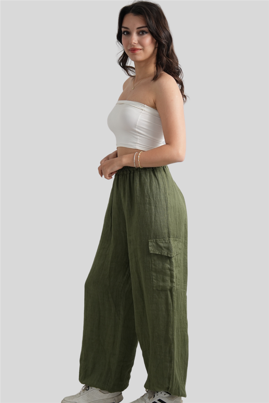 Haki Paçası Lastikli Cep Detaylı Keten Pantolon