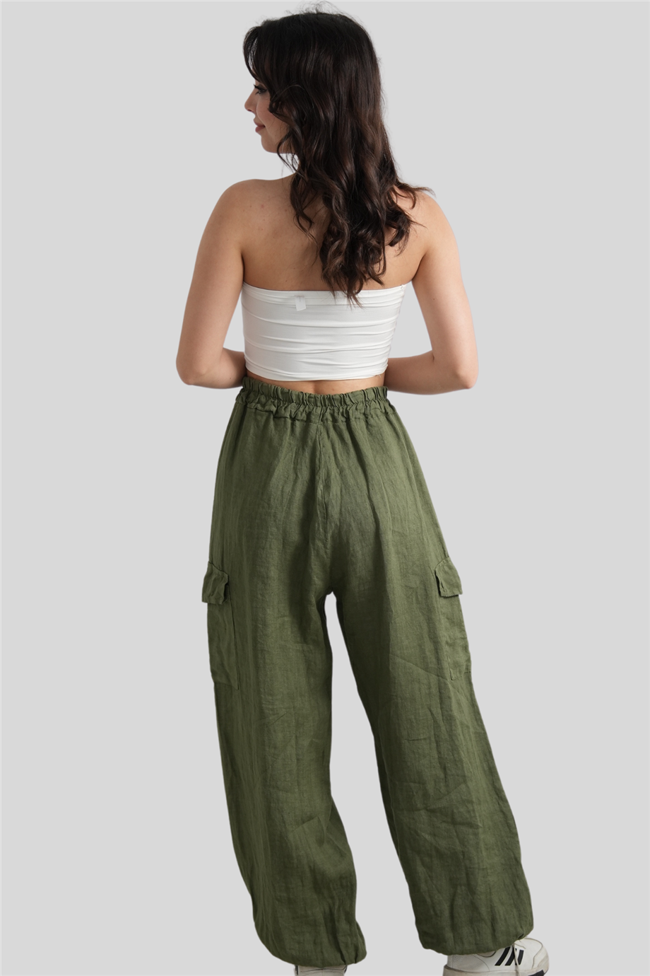 Haki Paçası Lastikli Cep Detaylı Keten Pantolon