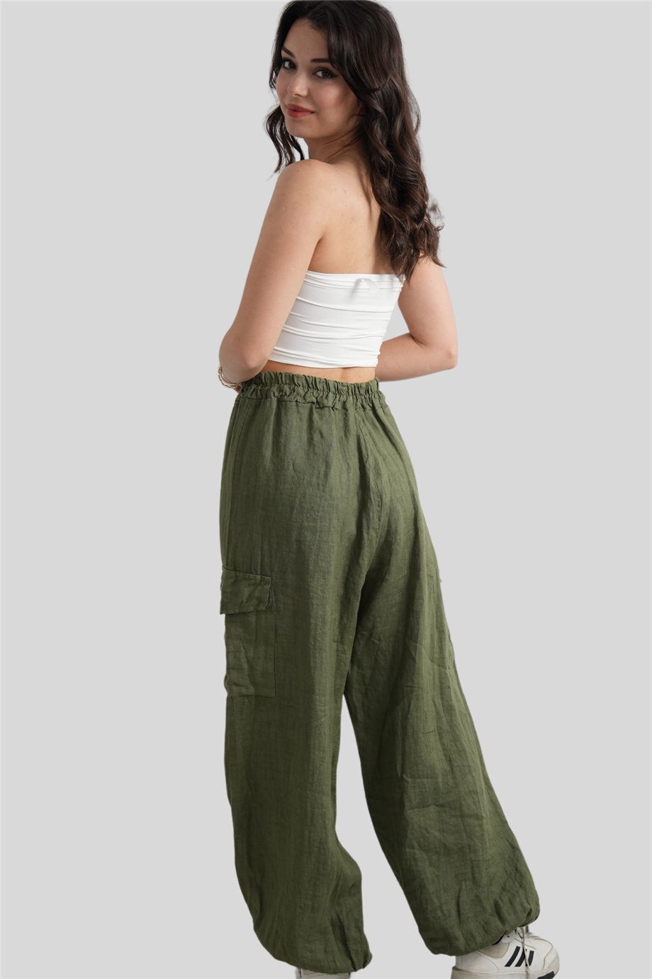 Haki Paçası Lastikli Cep Detaylı Keten Pantolon