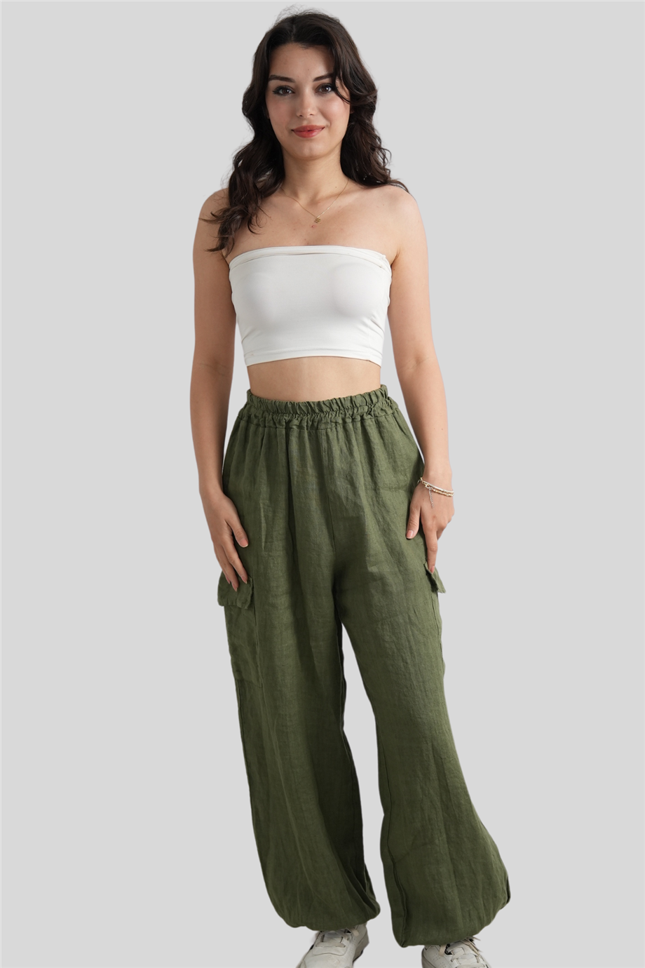 Haki Paçası Lastikli Cep Detaylı Keten Pantolon