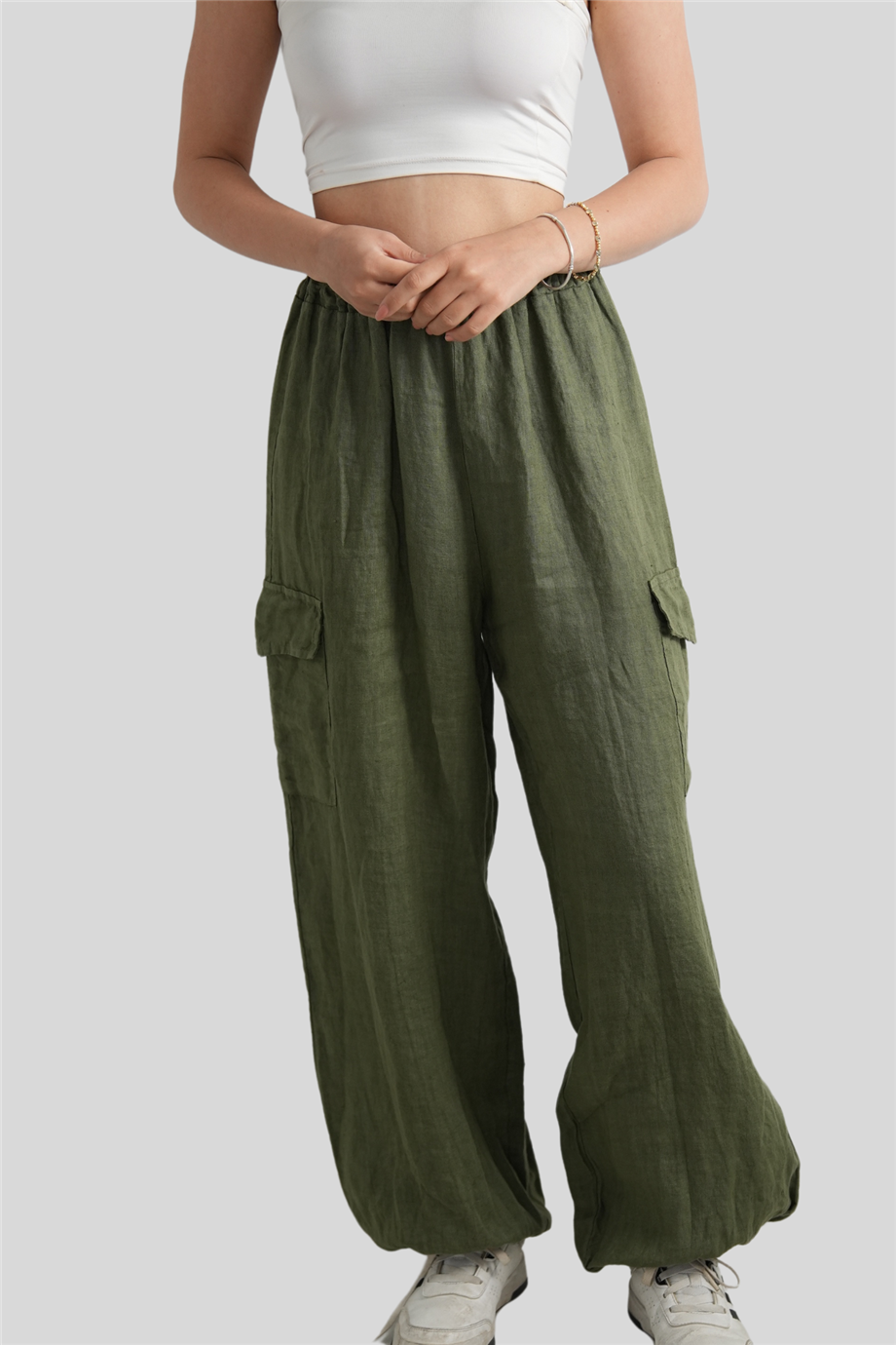 Haki Paçası Lastikli Cep Detaylı Keten Pantolon