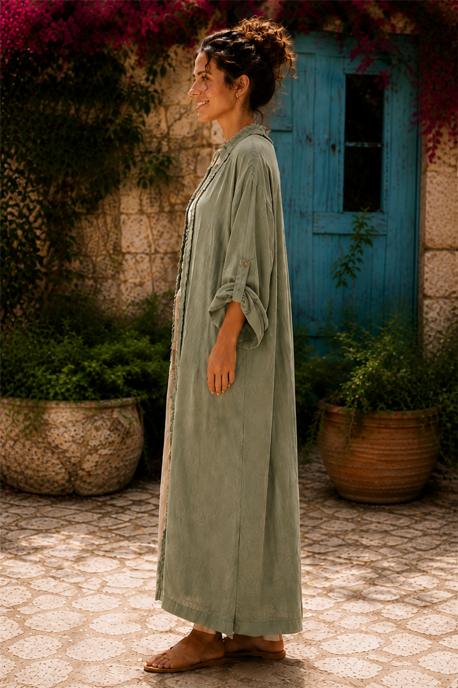 Haki Renk Bohem Püsküllü ve Cep Detaylı Keten Kaftan
