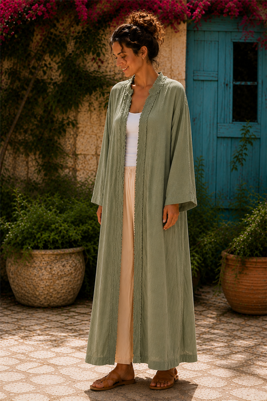 Haki Renk Bohem Püsküllü ve Cep Detaylı Keten Kaftan