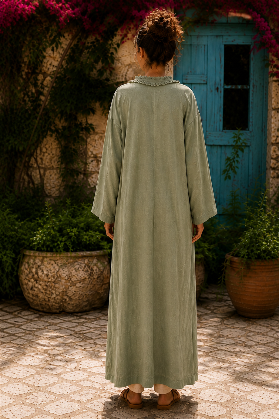 Haki Renk Bohem Püsküllü ve Cep Detaylı Keten Kaftan