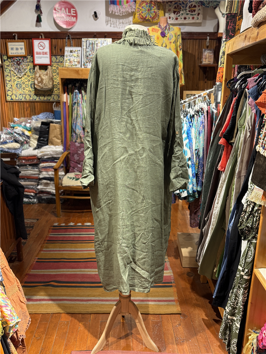 Haki Renk Bohem Püsküllü ve Cep Detaylı Keten Kaftan