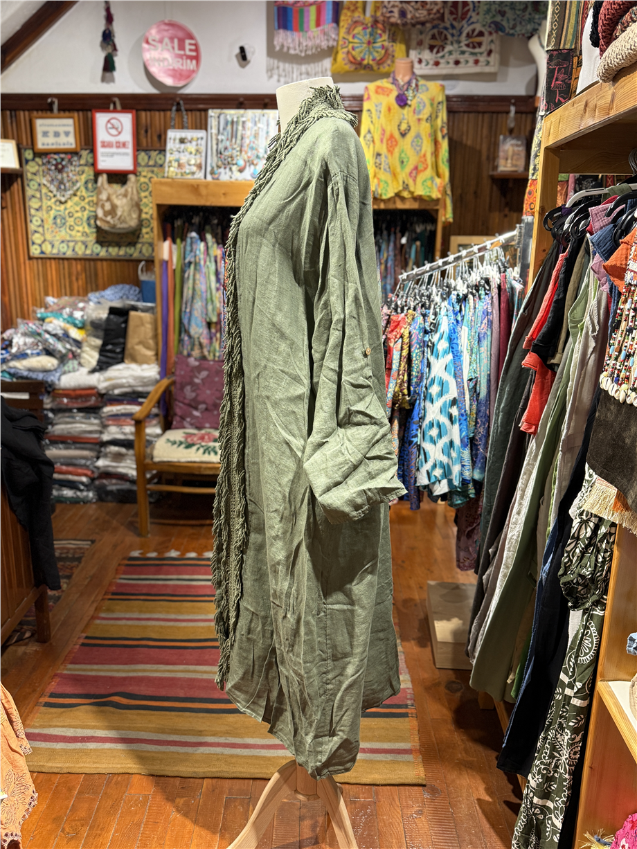 Haki Renk Bohem Püsküllü ve Cep Detaylı Keten Kaftan