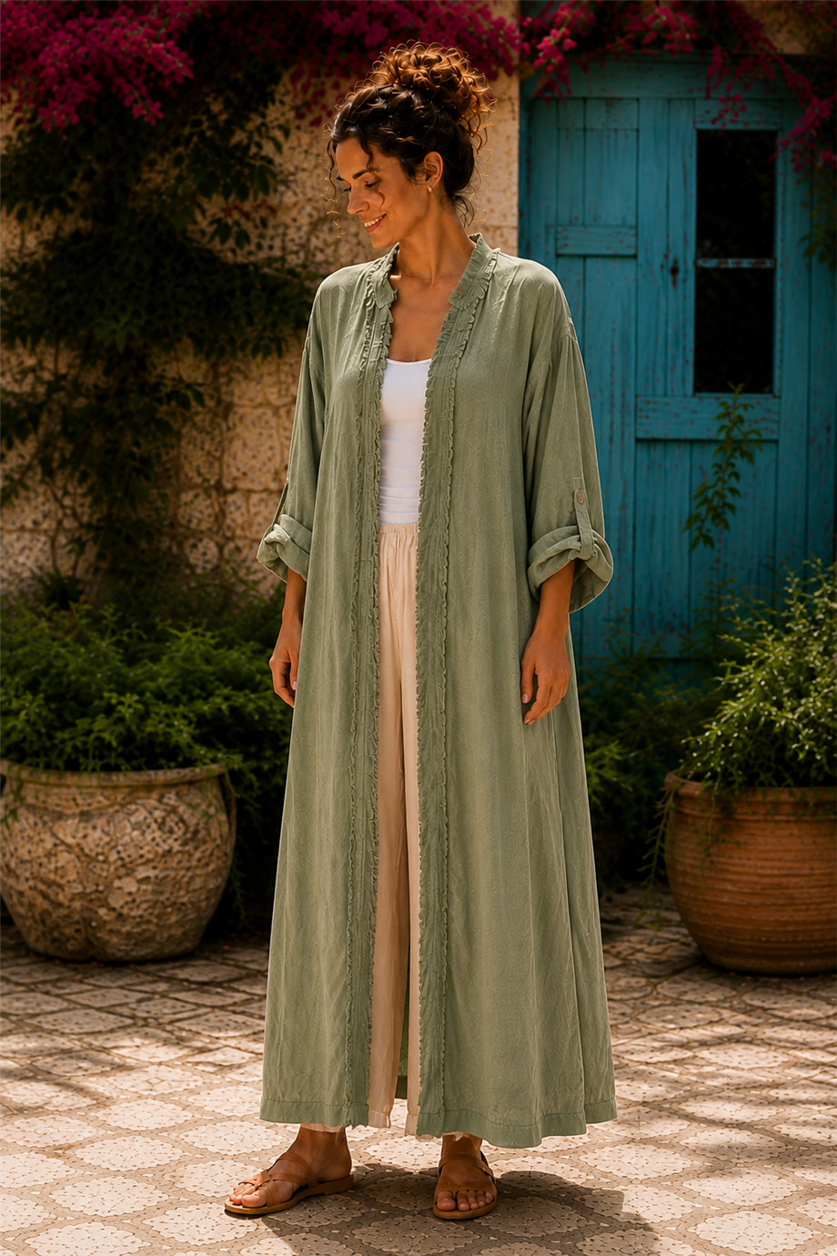 Haki Renk Bohem Püsküllü ve Cep Detaylı Keten Kaftan