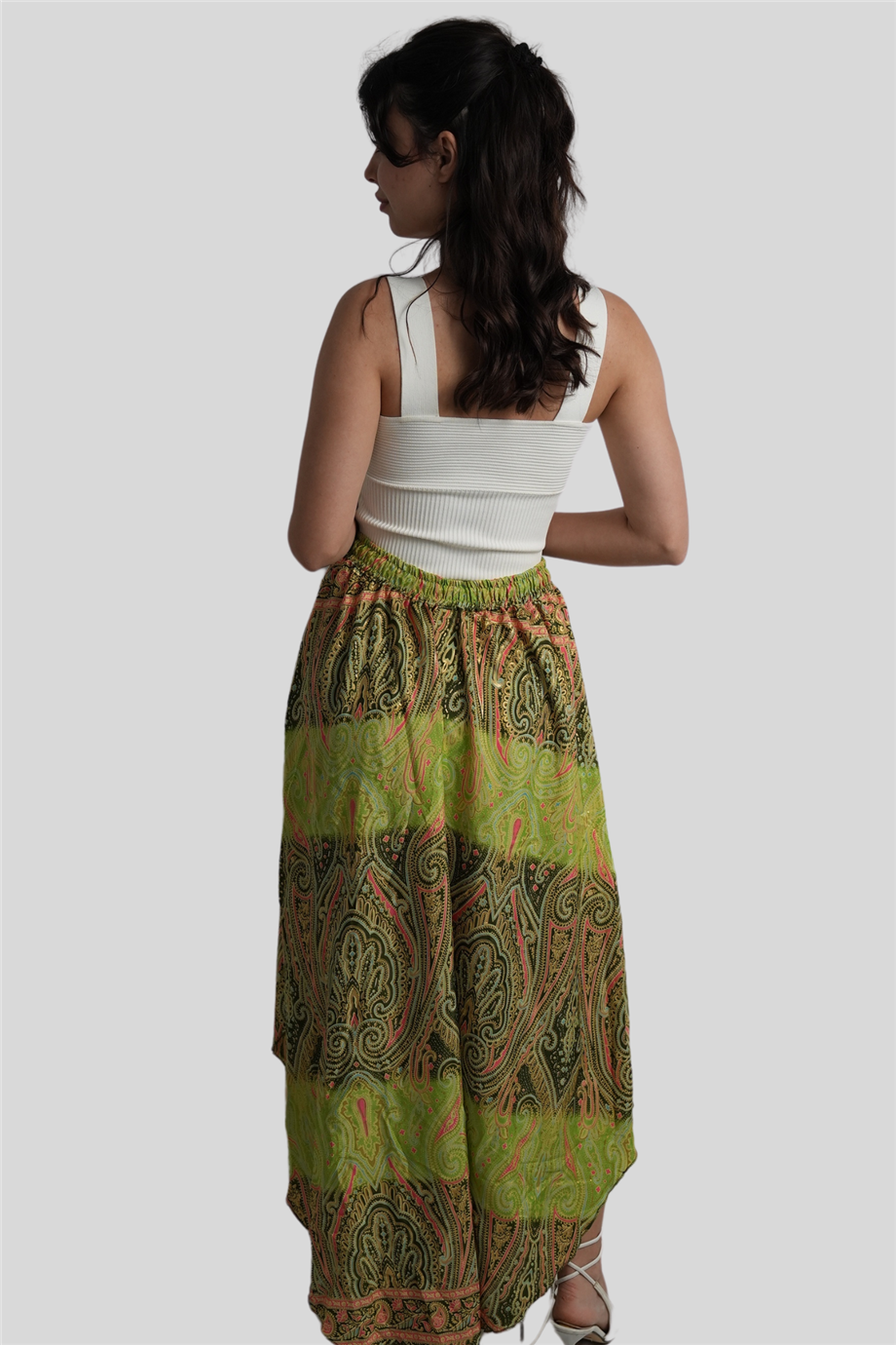 Haki Renk Gold Detaylı İpek Uzun Etek