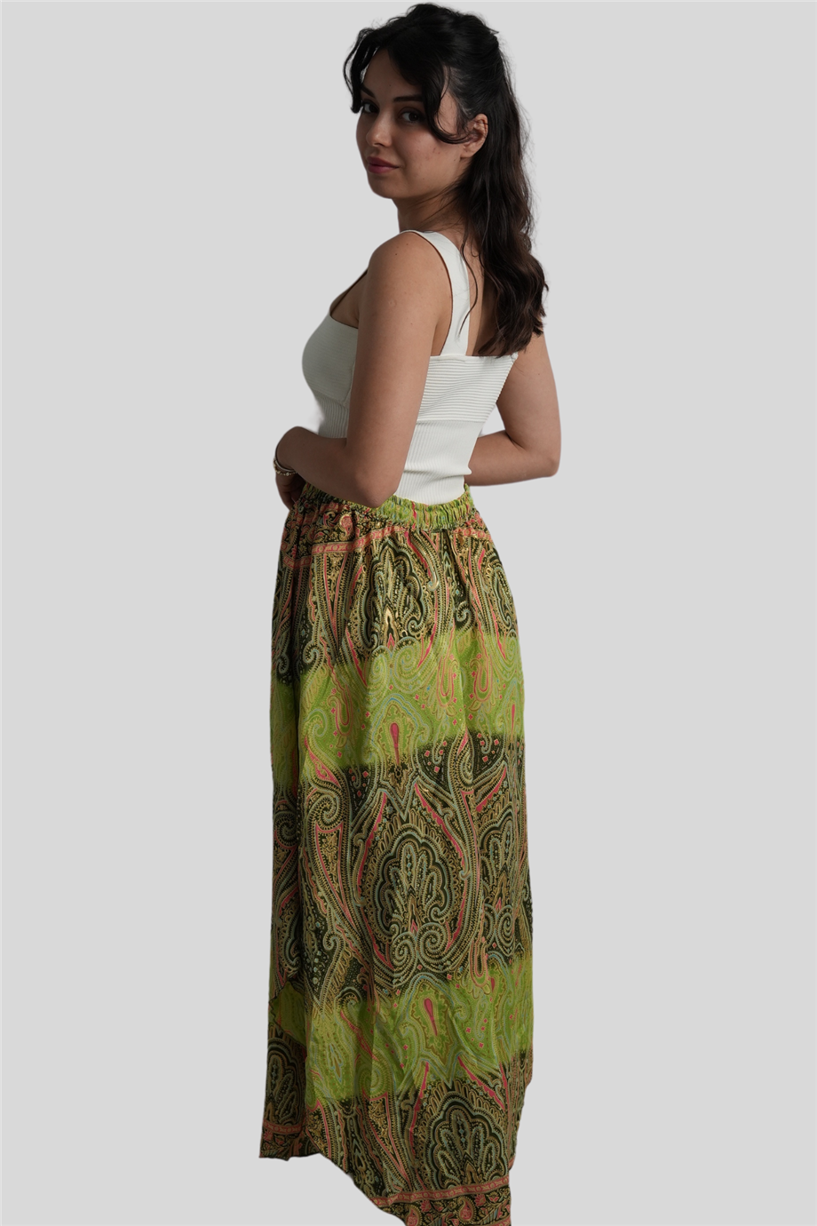 Haki Renk Gold Detaylı İpek Uzun Etek