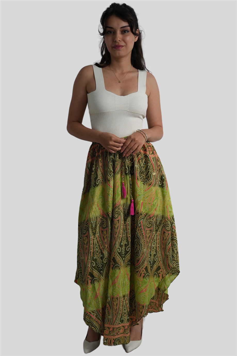 Haki Renk Gold Detaylı İpek Uzun Etek