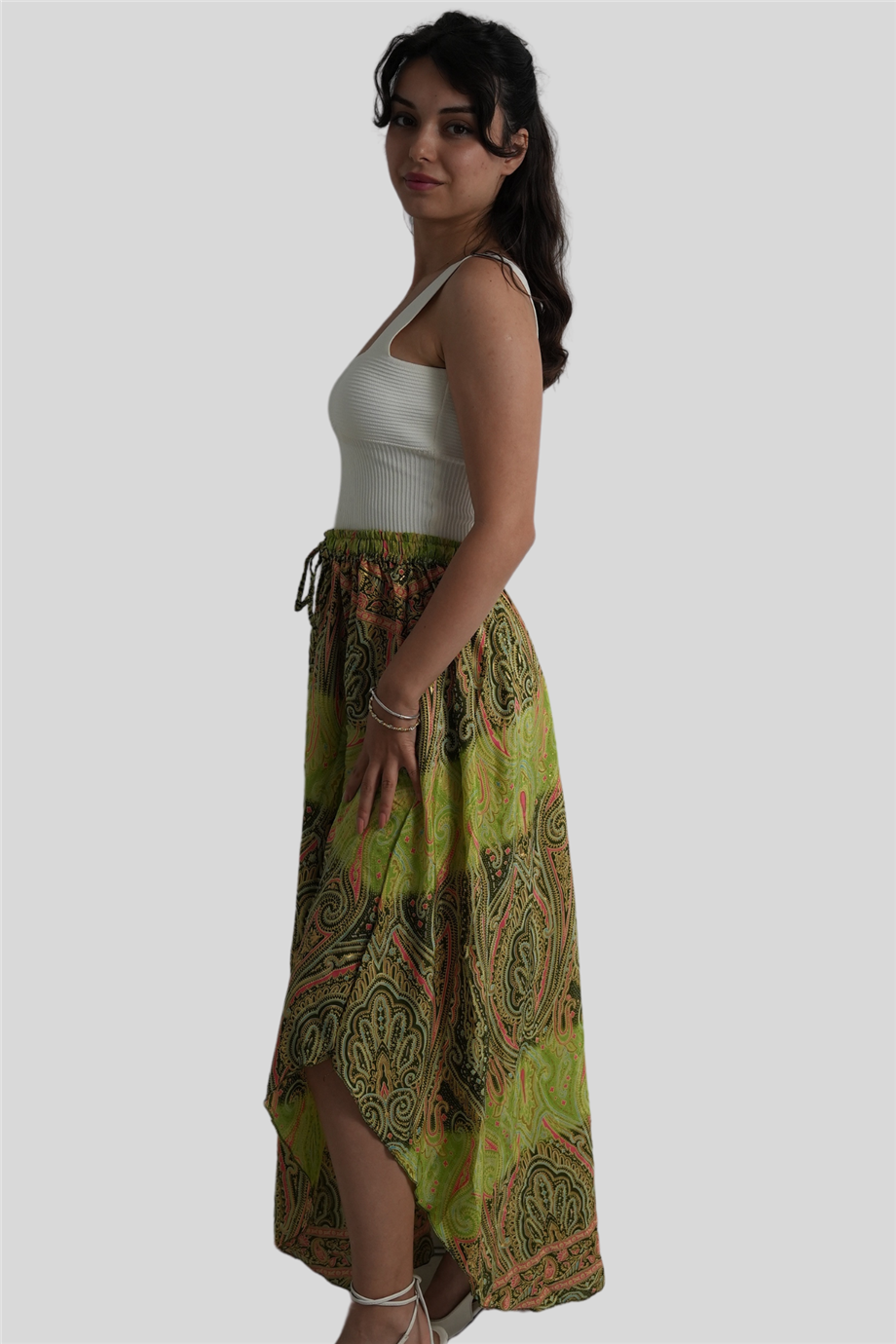 Haki Renk Gold Detaylı İpek Uzun Etek