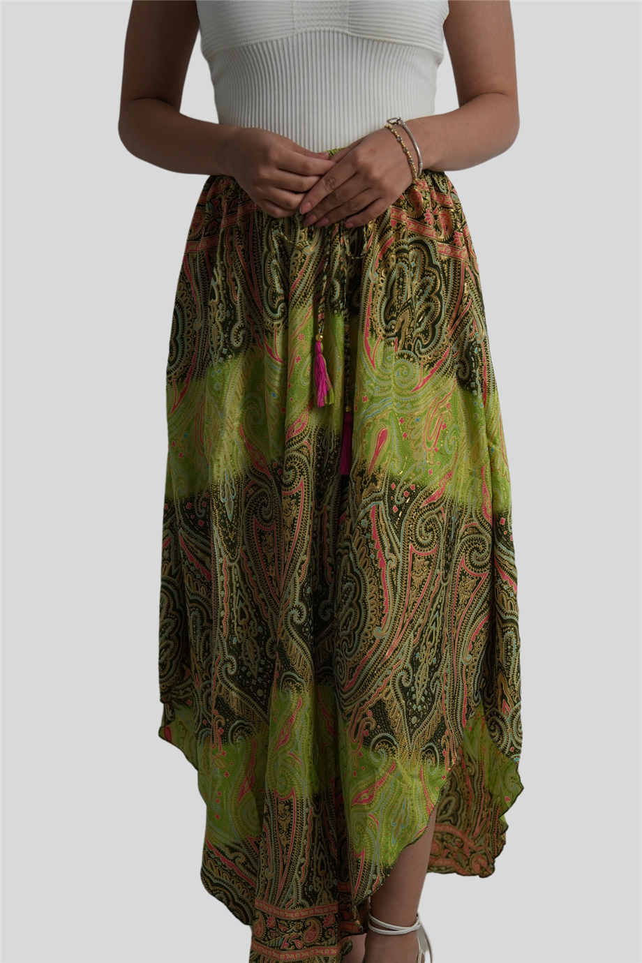 Haki Renk Gold Detaylı İpek Uzun Etek