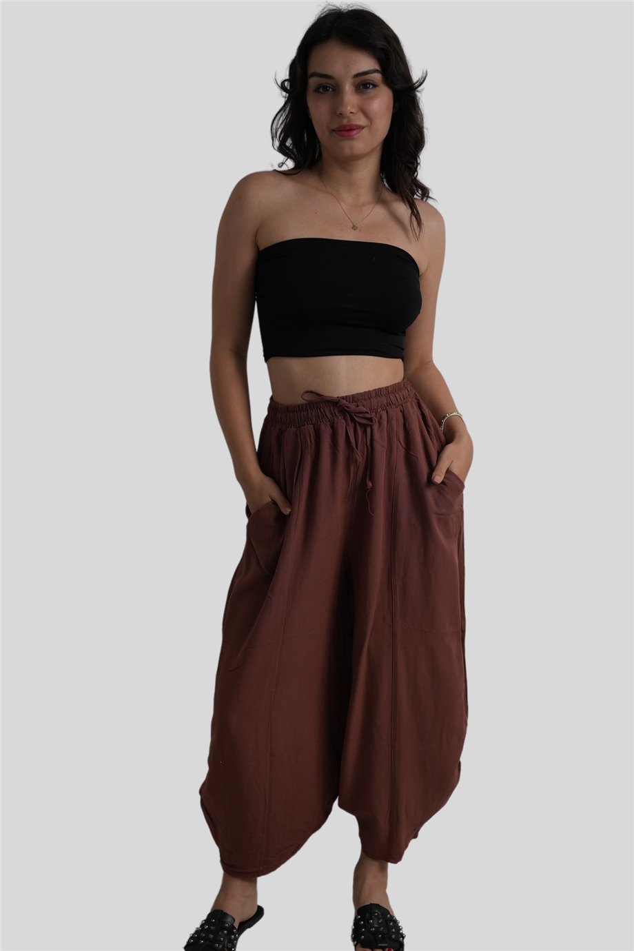 Kahverengi Beli Lastikli Salaş Pantolon
