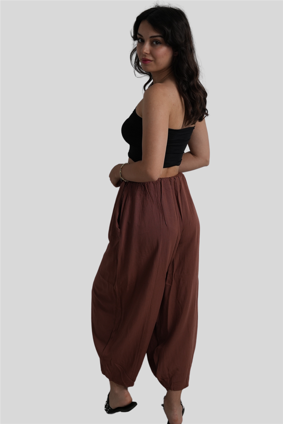 Kahverengi Beli Lastikli Salaş Pantolon