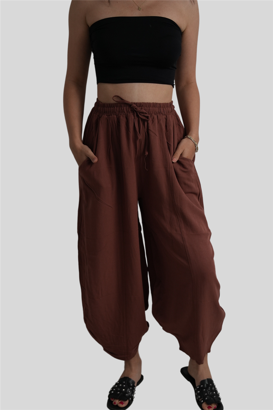 Kahverengi Beli Lastikli Salaş Pantolon