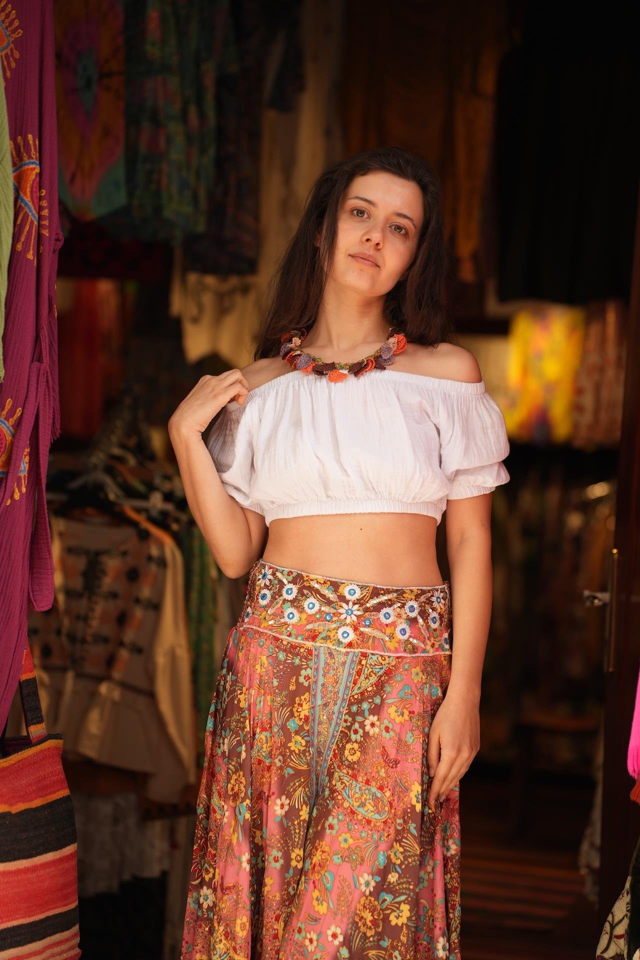 Kahverengi Beli Nakış İşlemeli İpek Pantolon