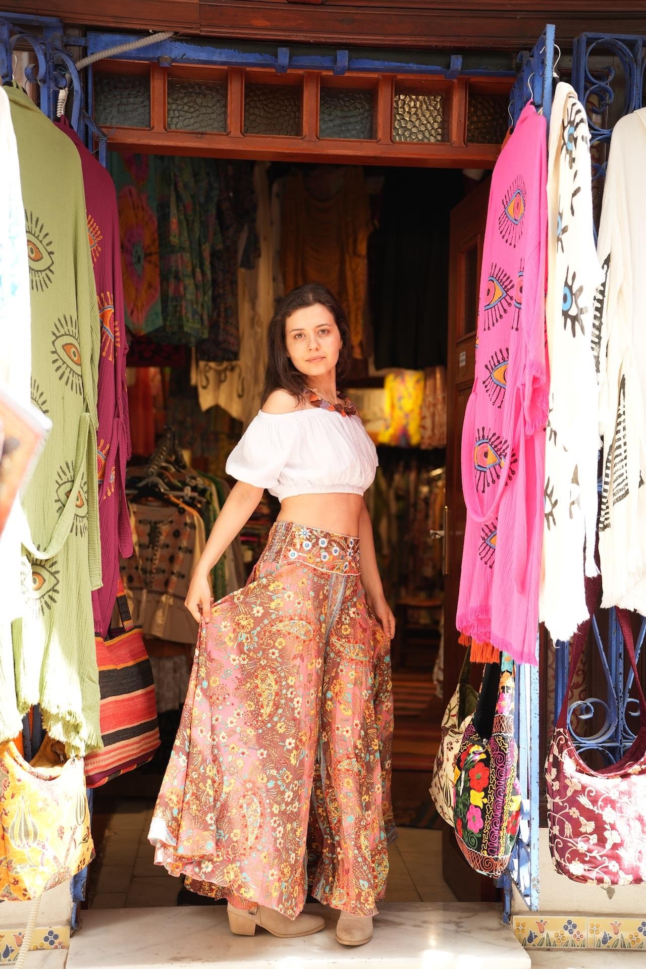 Kahverengi Beli Nakış İşlemeli İpek Pantolon