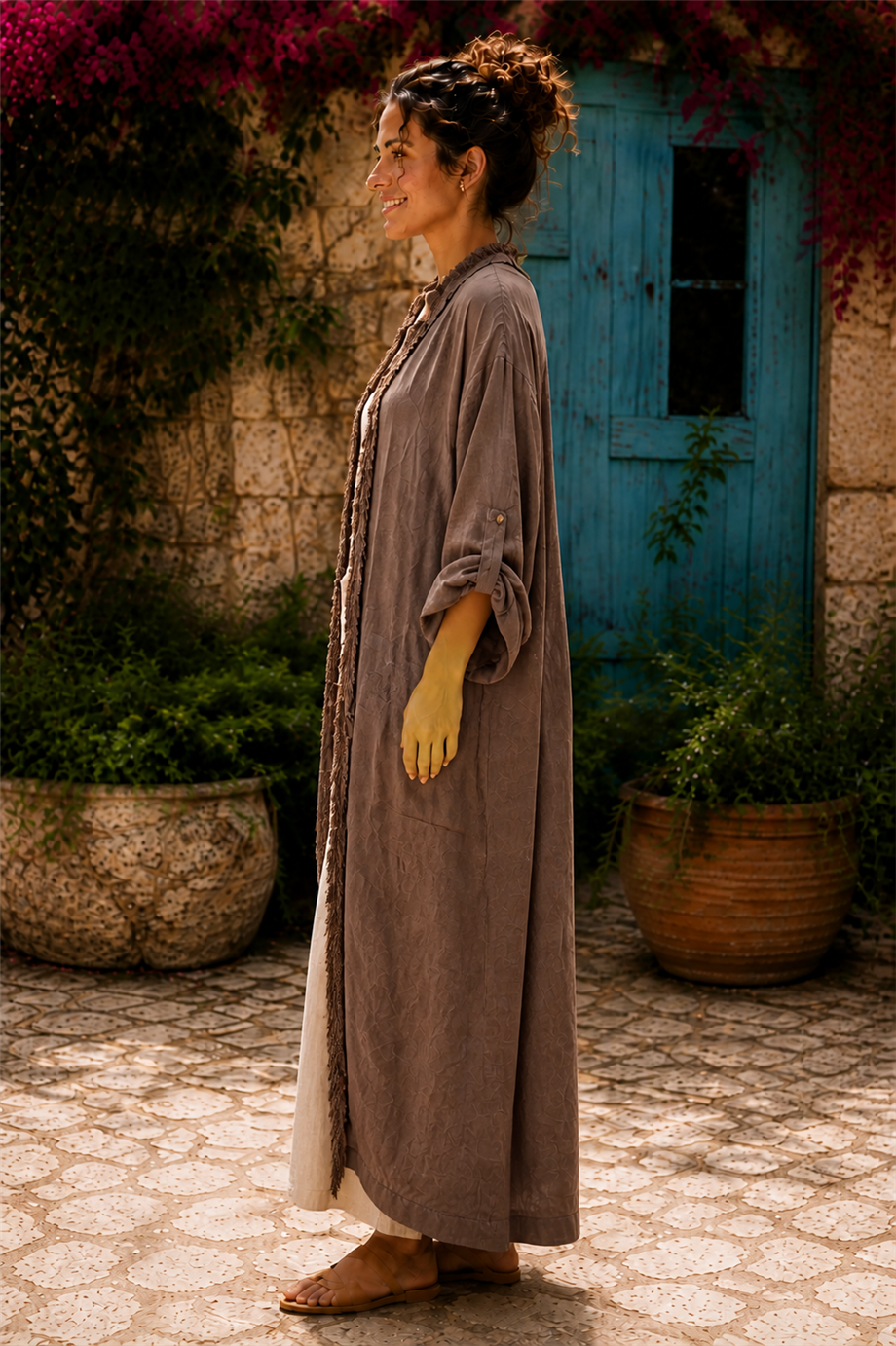 Kahverengi Bohem Püsküllü ve Cep Detaylı Keten Kaftan
